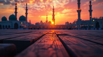 Majestic mosque silhouette at sunset golden hour dramatic sky wooden deck red pink islam peace faith