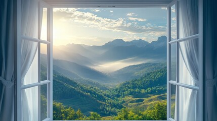 Serene mountain view seen through open window with sheer curtains sky fog calm blue mist hills trees © Honey