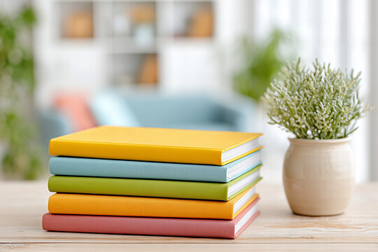 Stacked Colorful Books With Various Covers Beside Decorative Plant Pot on Wooden Table - Powered by Adobe