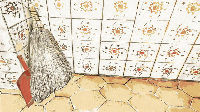 A corn broom and dustpan leaning against the wall corner. Hexagonal floor tiles and white wall tiles with floral patterns.