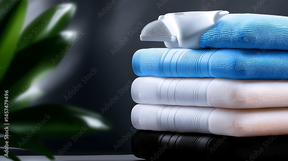 Poster stacked towels in various colors on a dark background with a hint of greenery, showcasing a clean ae