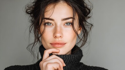 Portrait of a beautiful woman with freckles wearing a stylish dark sweater girl face eyes hair skin