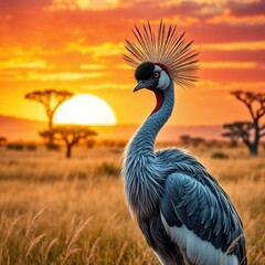 Fototapeta premium Elegant crane posing at sunset in the African savanna 