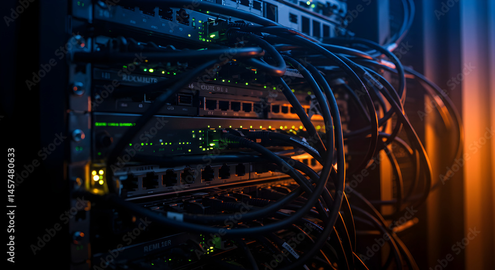 Poster server rack with ethernet cables in a data center illuminated by blue and yellow light showing inter