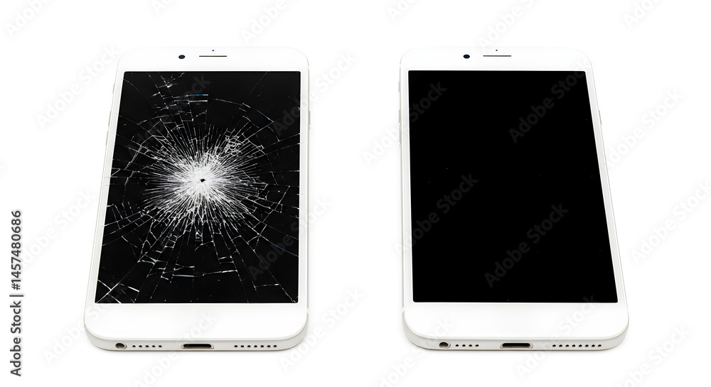 Poster shattered display phone and pristine phone isolated on white background emphasizing screen damage an