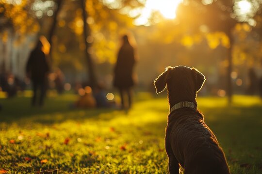 Family outing with brown dog  weekend picnics and games at the park captured in bokeh