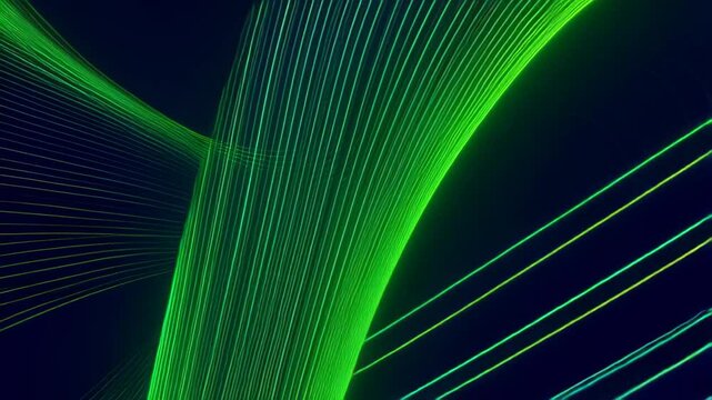 Emerald green and neon lime waves flow in rotating patterns over a dark background, with fine lines pulsing in seamless motion and forming elegant abstract geometry
