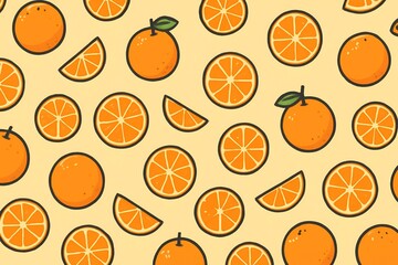 Orange fruit texture in flat cartoon vector style on yellow background