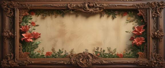 Obraz premium Intricate floral wood frame cradles aged scroll; mystical ambiance , wood texture, light