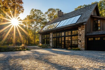 The sunlight glistens invitingly on a contemporary stone house, nestled among vibrant autumn trees, all set within a tranquil woodland environment during the enchanting golden hour