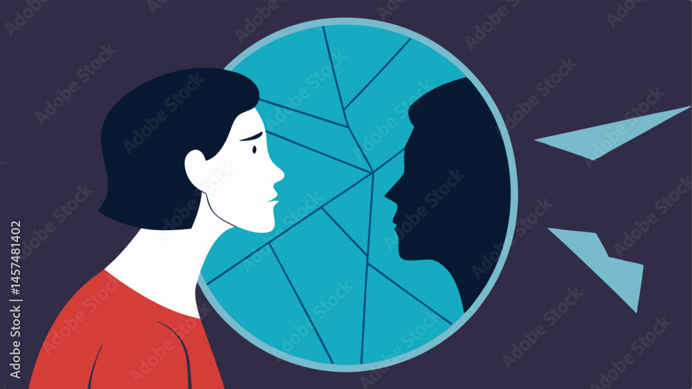 Poster cracked mirror a person looking into a cracked mirror representing fractured selfesteem and distorte