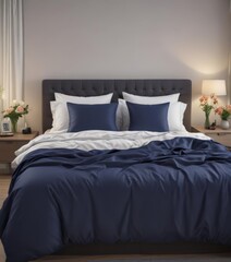 Obraz premium Navy bedding on king-size bed, simple flower arrangement on bedside table , flowers, leaves