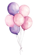 Watercolor illustration of pink and purple balloons, festive decoration