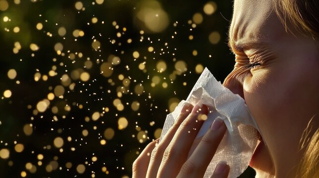 Sneezing person with pollen allergy outdoors