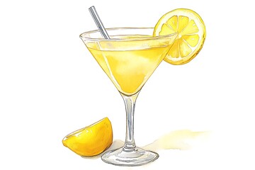 Watercolor illustration of a lemon cocktail with a straw