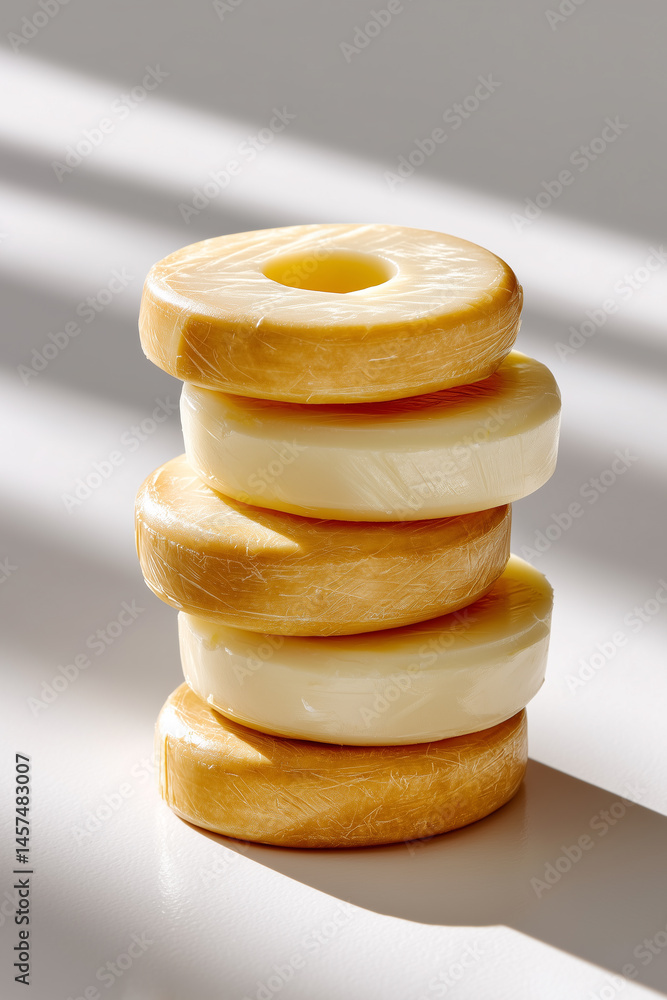 Poster stacked circles of provolone cheese on clean white surface with soft shadows creating a minimalist l