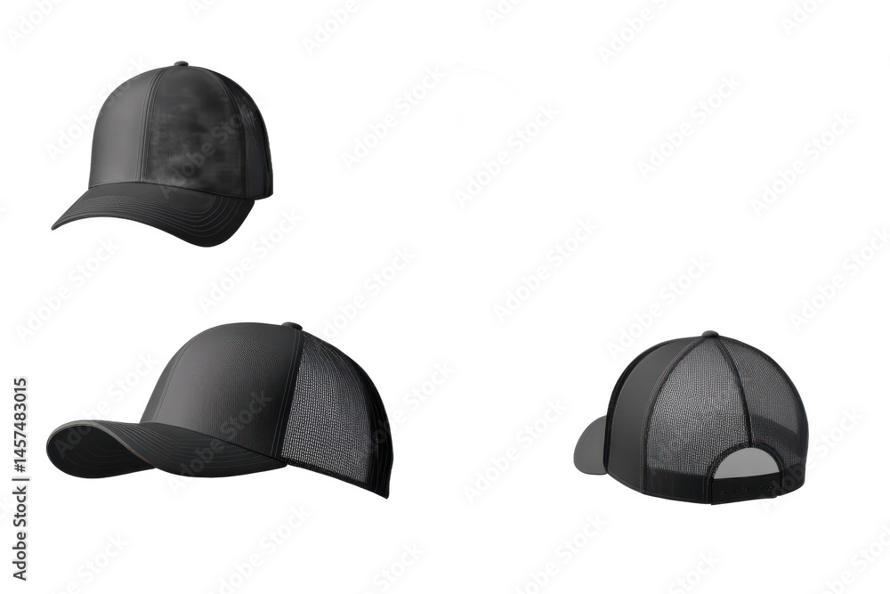 Poster three different views of a baseball cap presented against a dark and pixelated background image disp
