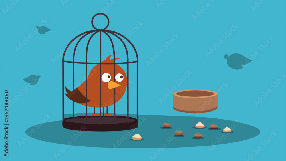 Poster caged bird a small bird in a rusty cage with tattered feathers and a forlorn expression surrounded b