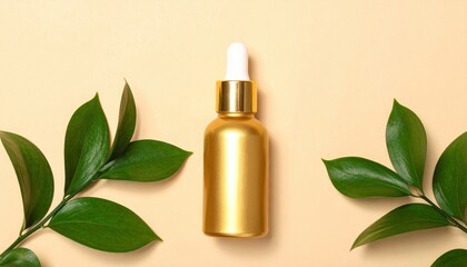 A golden cosmetic bottle rests on a beige surface, accented by vibrant green leaves for a fresh, natural aesthetic.