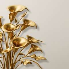 Elegant Golden Calla Lilies Art D�cor Luxurious Floral Sculpture, Home Decor, Artistic Wall Design, 3D Render.