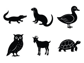 set of animal's silhouette, purred tortoise, purred tortoise , Pygmy goat, Wood duck , Snowy Owl,  necked otter, vector on white background