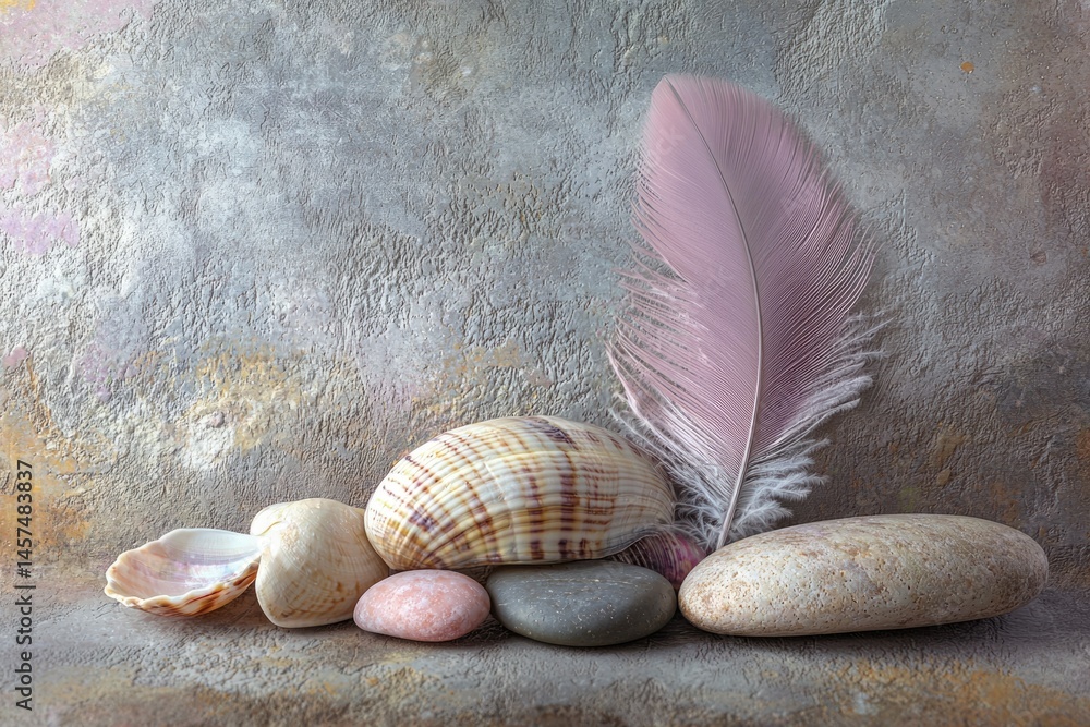 Poster seashells, stones, and a soft feather arranged on a textured background, creating a serene and calmi