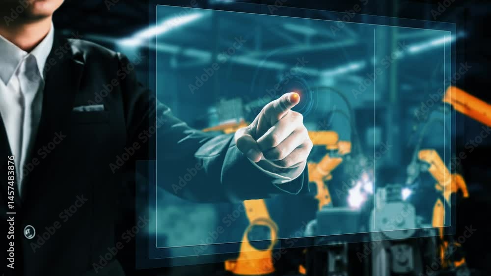 Poster engineer use cybernated robotic software to control industry robot arm in factory . automation manuf