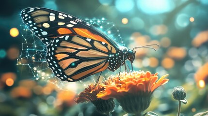 Monarch Butterfly Pollinating Flower With Network Overlay, Digital Nature Concept.