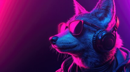 Naklejka premium Cool Fox Portrait Wearing Sunglasses And Headphones In Vibrant Neon Lighting.