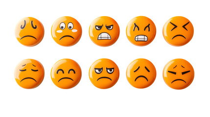 Obraz premium A collection of happy and sad face emojis, neatly arranged, isolated on a white background