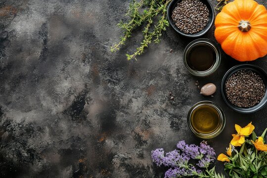 stylish background with topical beneficial oils of flaxseed, pumpkin and black cumin superfood