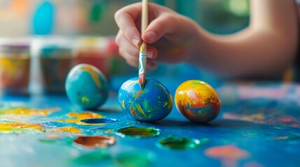 Family of three joyfully painting colorful easter eggs together for the upcoming celebration