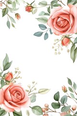Watercolor floral frame with pink roses and green leaves