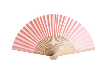 A delicate pink folding fan with wooden handle displayed against a simple black background studio shot