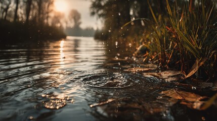 Fototapeta premium A serene body of water, with droplets highlighting the invisible danger of PFAS chemicals, reminding us of the ongoing environmental crisis