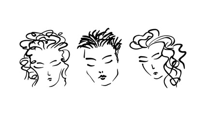 Three Abstract Faces Closed Eyes Asian Lady, Expressive Hairstyle Peaceful Calm Mood. Fashion Beauty Portrait for Salon Branding Minimal Freehand Hand Drawn Linework Style Isolated Vector Illustration