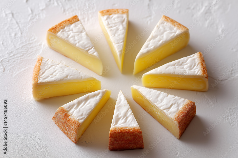Poster soft brie cut into neat triangle shapes on a clean white background. minimalist setting highlights c