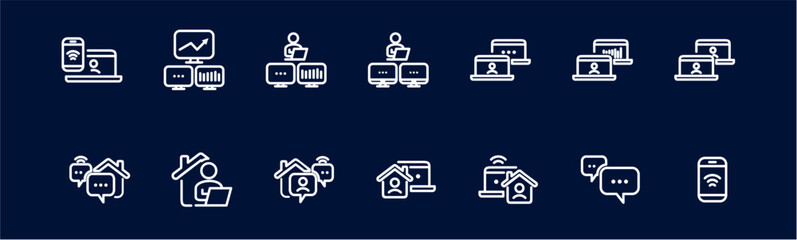 Remote Work Line Icons . Freelancer Work from Home, Video Call, Online Meeting, Teleconference Vector Set