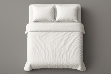 Minimalist Bedroom: A high-angle view of a pristine, minimalist bed adorned with a soft white duvet and pillows, promising serene slumber in a tranquil setting.