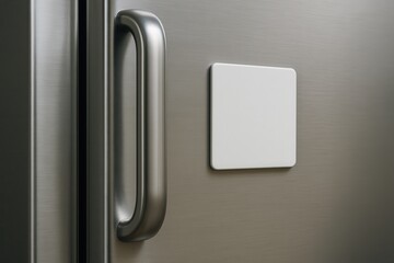 rectangle fridge magnet mockup: A close-up shot captures the sleek, brushed metal surface of a refrigerator door, accentuated by a modern handle and a subtle, square detail.