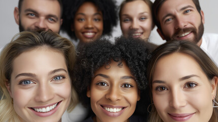 Gruppenportr&auml;t junger vielf&auml;ltiger Menschen, die freundlich in die Kamera l&auml;cheln, Gemeinschaft und Zusammenhalt