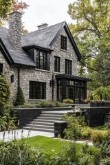 Nestled in a serene suburban neighborhood, this stunning stone house boasts a contemporary design, beautifully framed by vibrant autumn foliage and lush greenery
