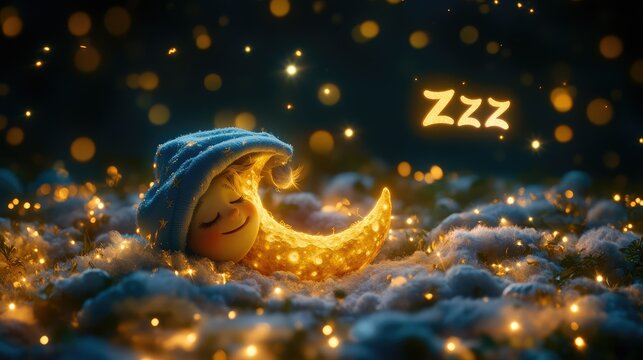 Cute moon child sleeping soundly under starry night sky