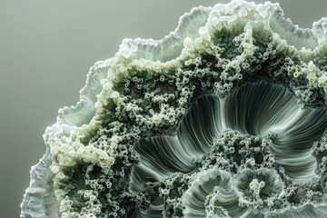 Abstract fractal art resembling a complex, organic, cauliflower-like structure in muted green tones.
