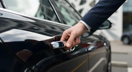Close Up of Hand Opening Black Car Door in Dark Blue Suit for Arrival and Departure on Urban Street