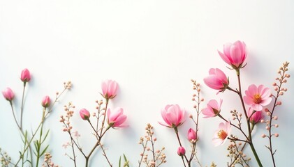 Delicate, small-scale floral sprigs on white background, petals, pattern design