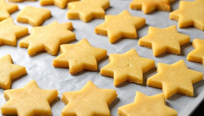 Star-shaped gingerbread cookies rest on a baking sheet, ready for decorating and celebrating the winter holidays.