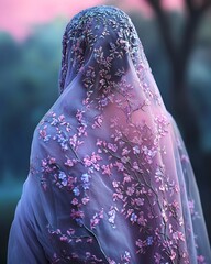woman back pose with transparent shawl in lilac glow