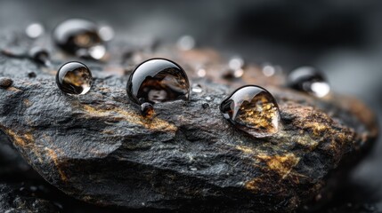 A close-up of water drops on a rock, silently holding the invisible threat of PFAS chemicals, a reminder of the ongoing environmental crisis