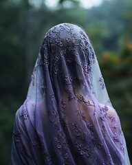 woman back pose with transparent shawl in lilac glow